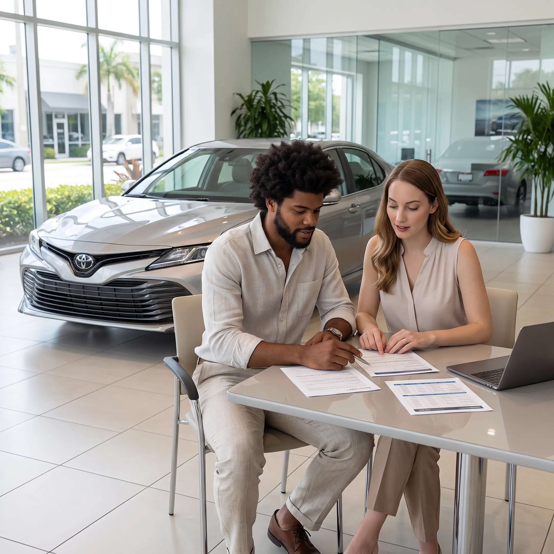 Finance specialist discussing car loan options with a customer at a Toyota dealership