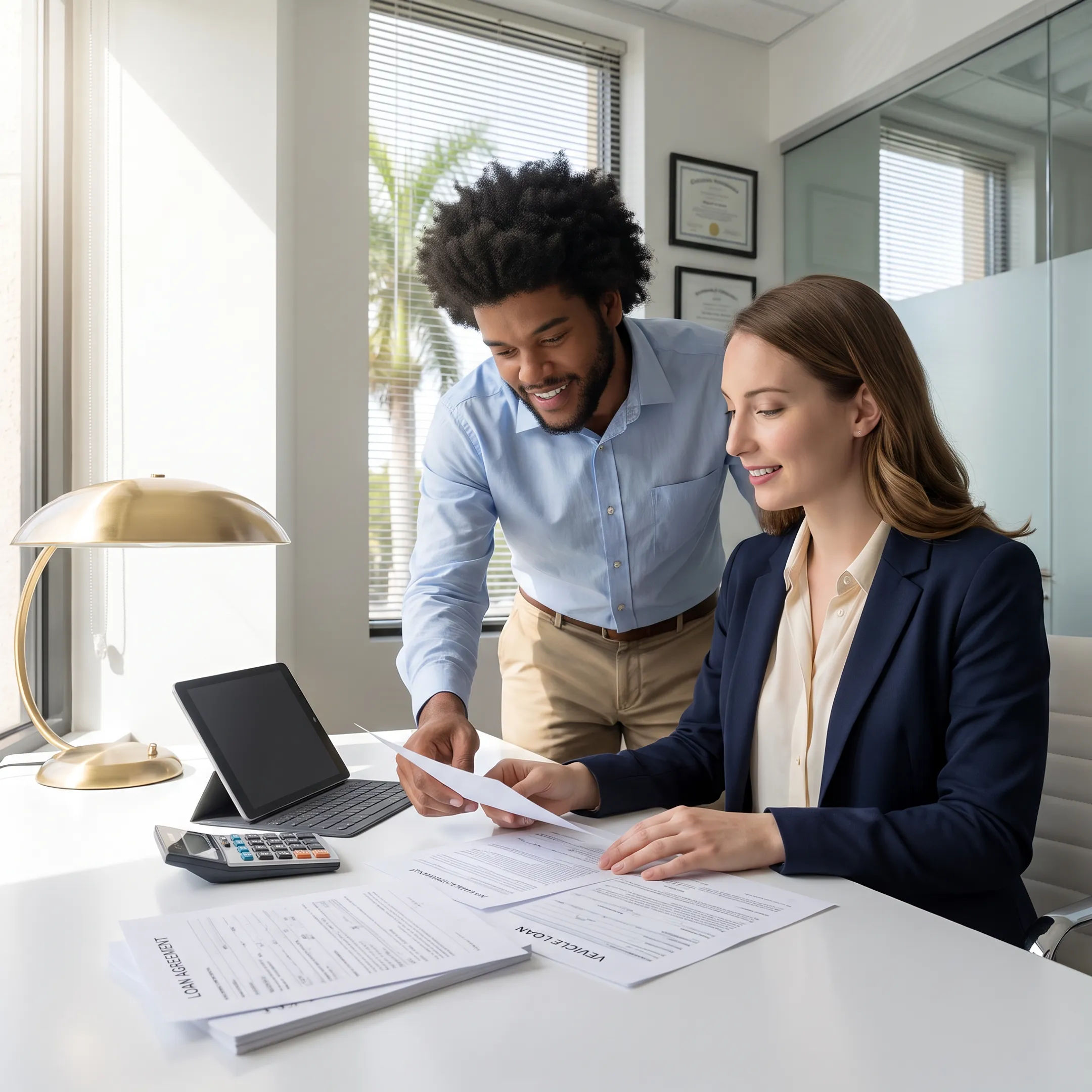 Customer reviewing auto financing options with a dealership finance advisor