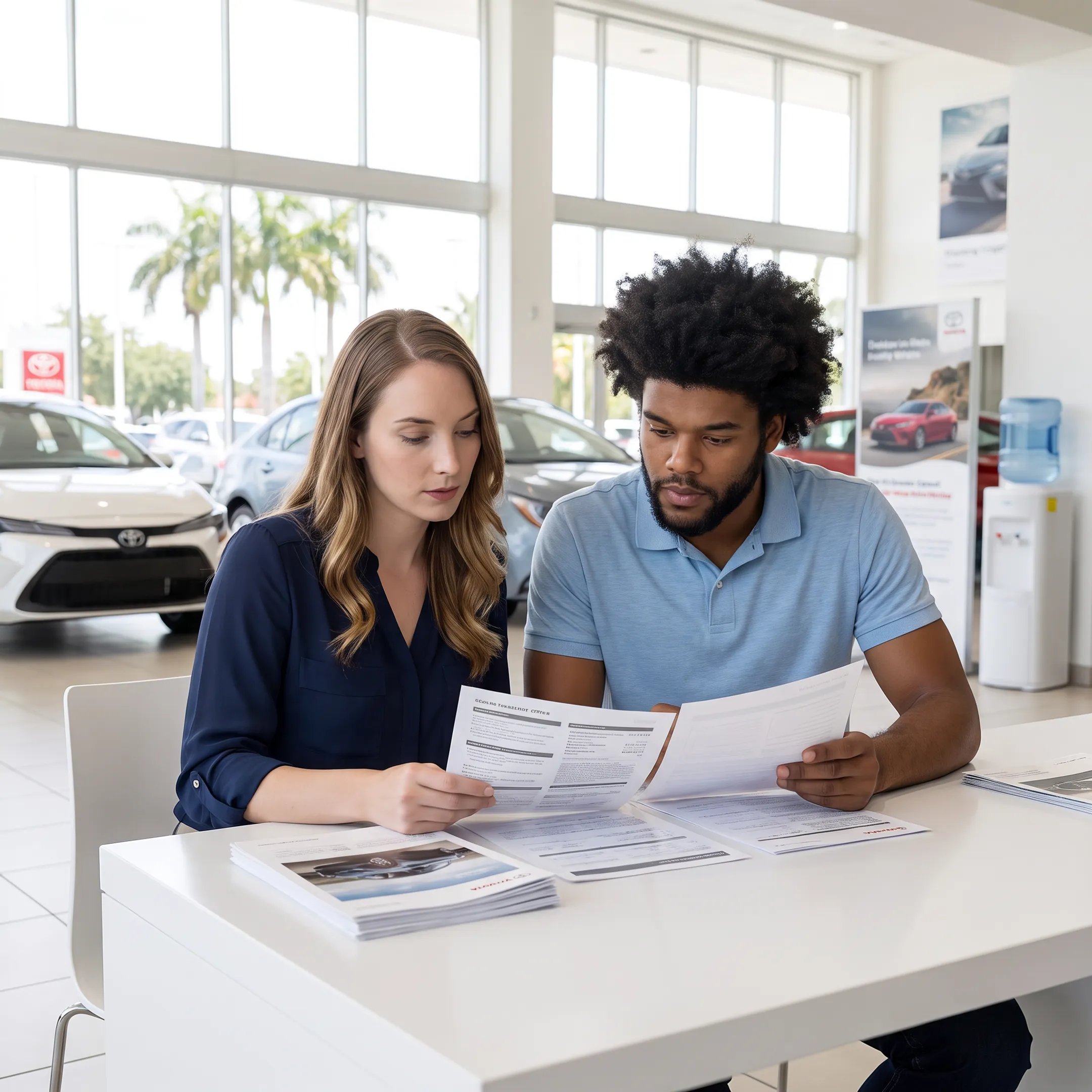 Customer discussing Toyota offers with dealership staff