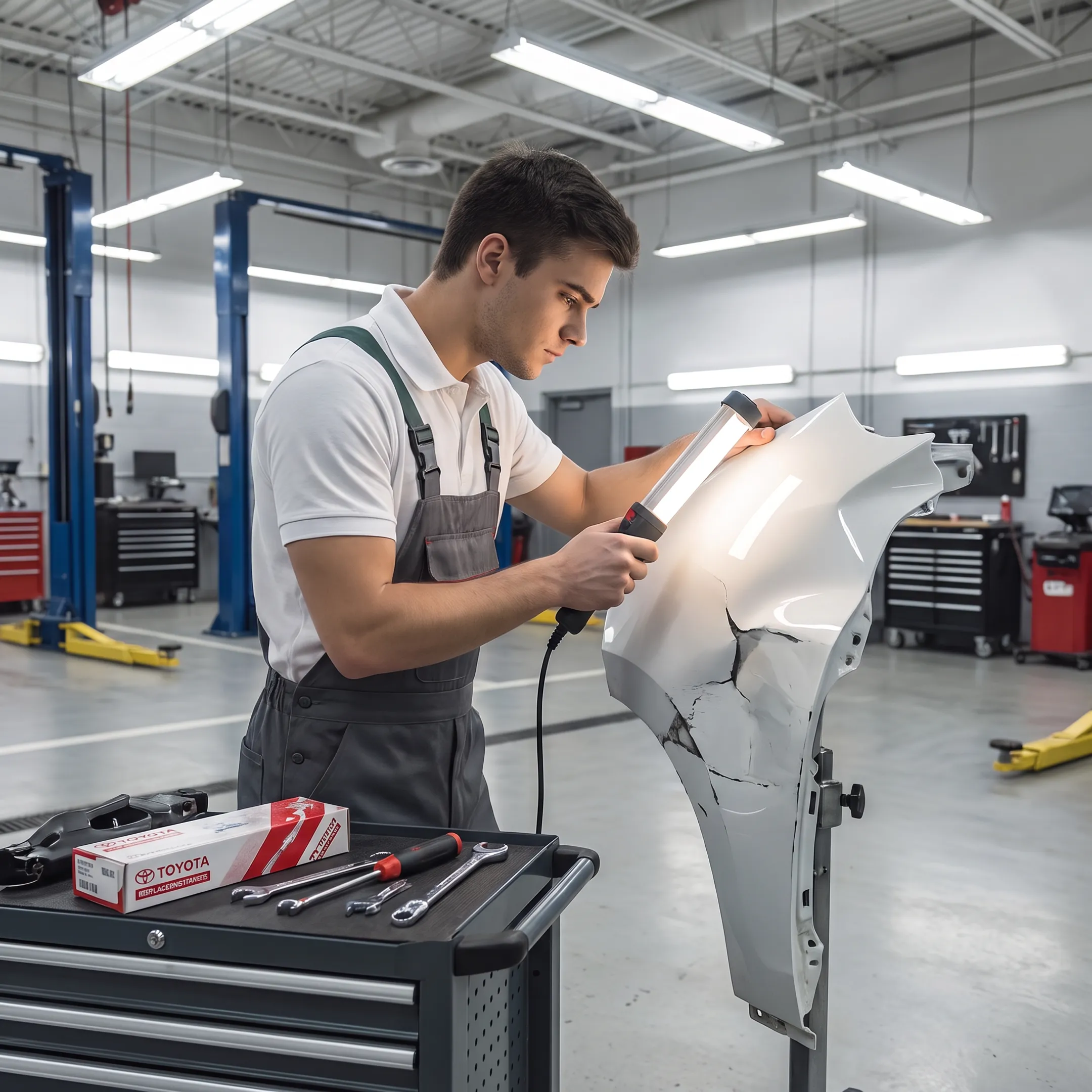 Technician repairing a damaged Toyota at a dealership