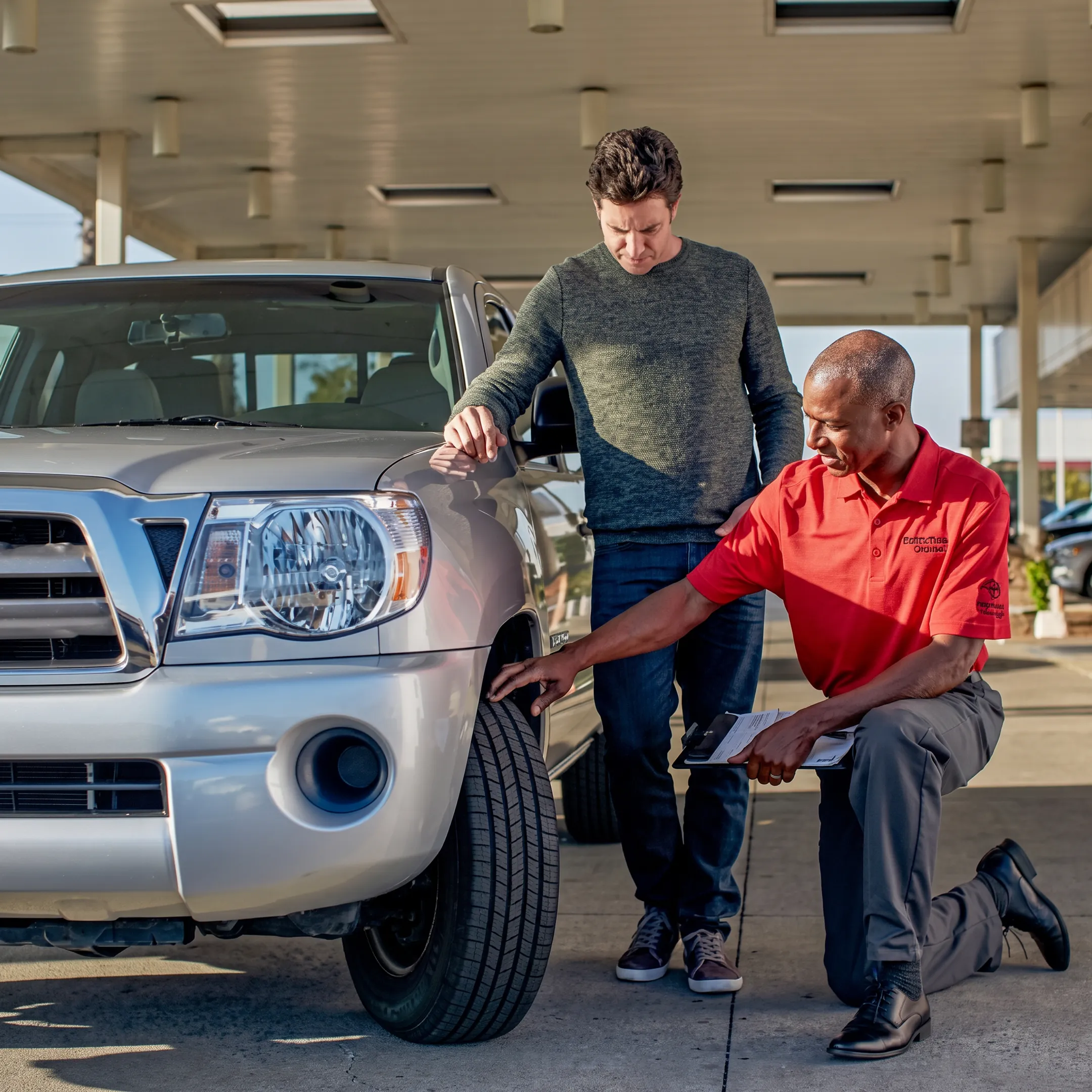Customer discussing a Toyota vehicle with a dealership representative