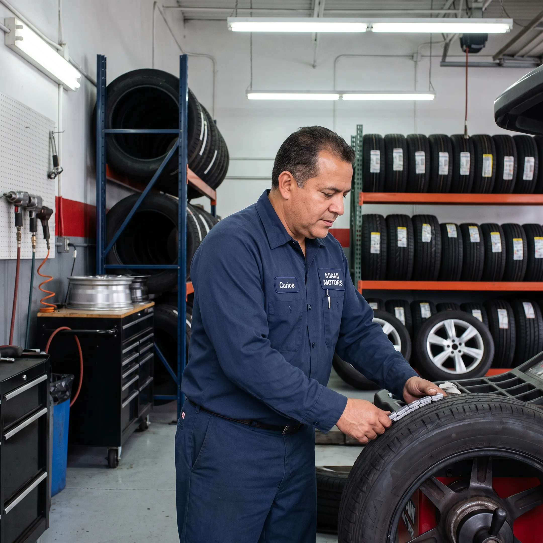 Technician balancing a tire on a wheel service machine