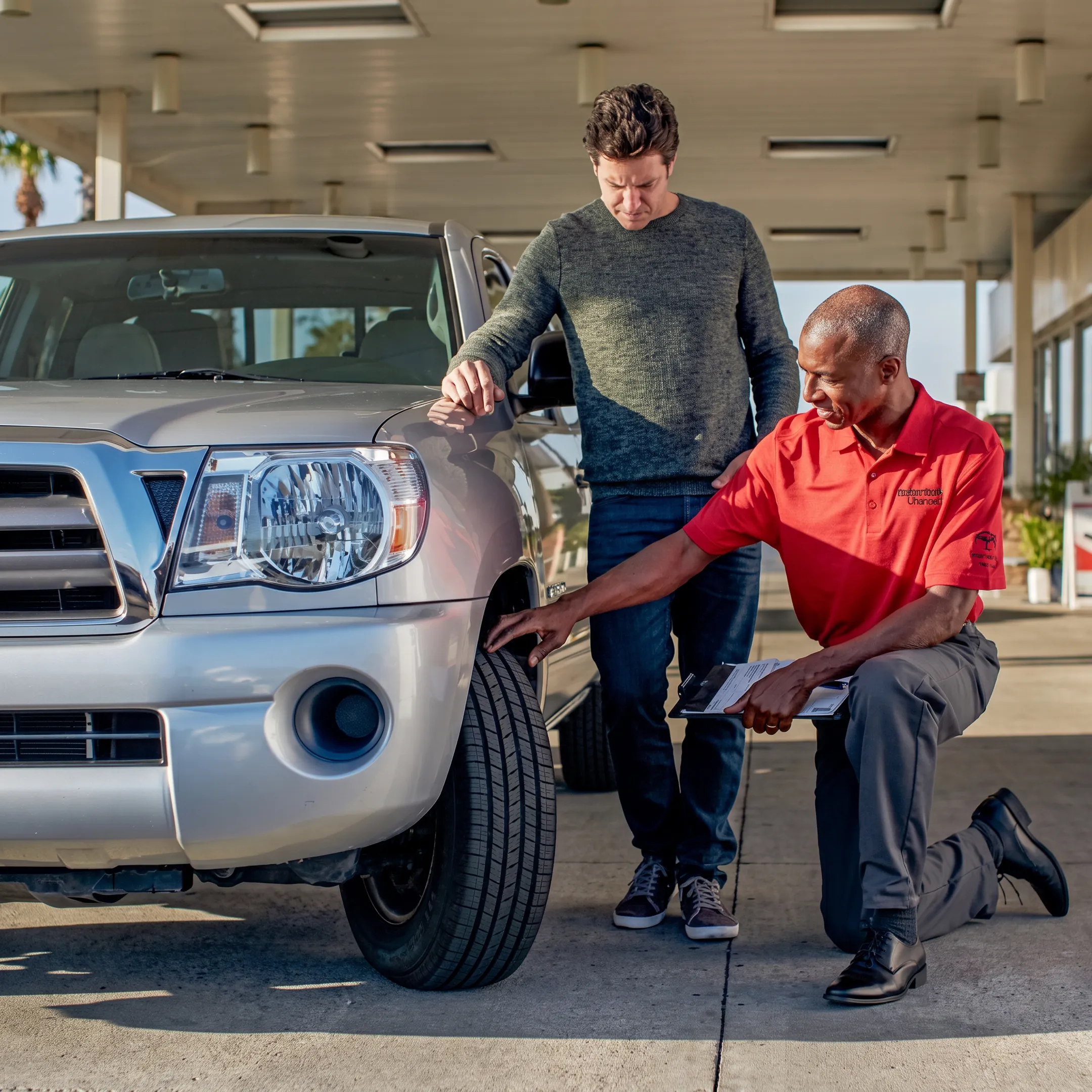 Technician checking tire pressure and tread on a Toyota vehicle