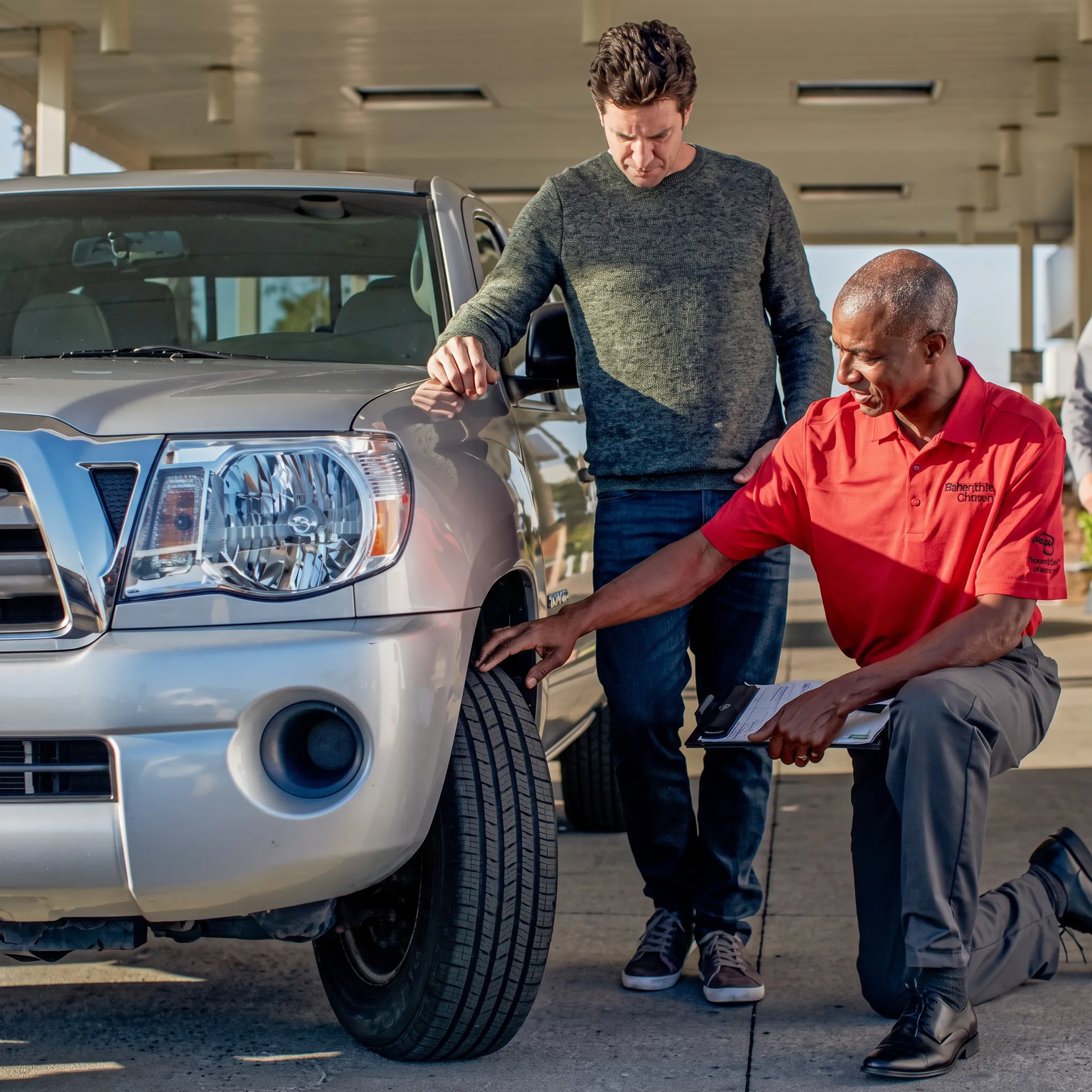 Technician inspecting a vehicle tire during roadside service
