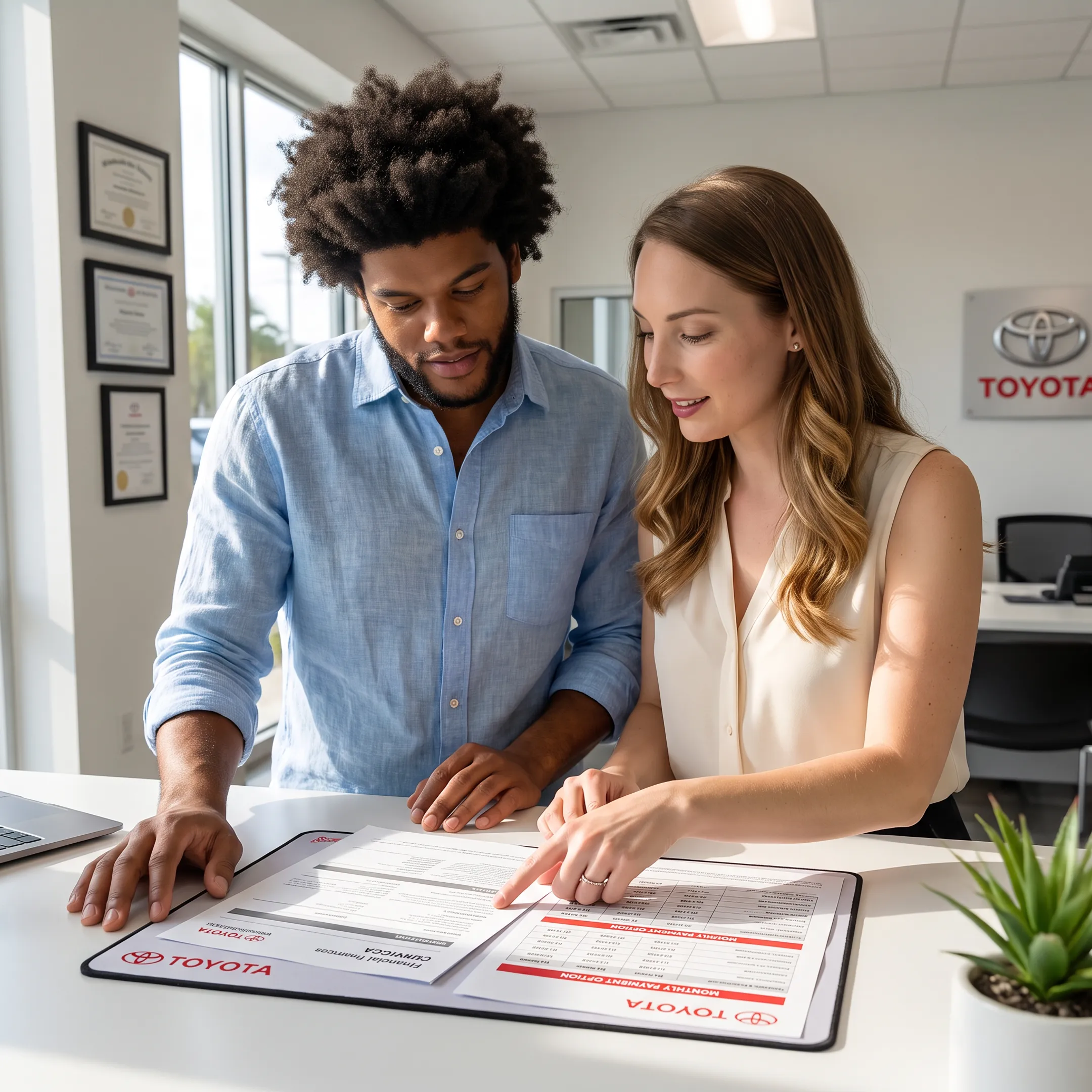 Customer reviewing auto loan documents with a finance specialist