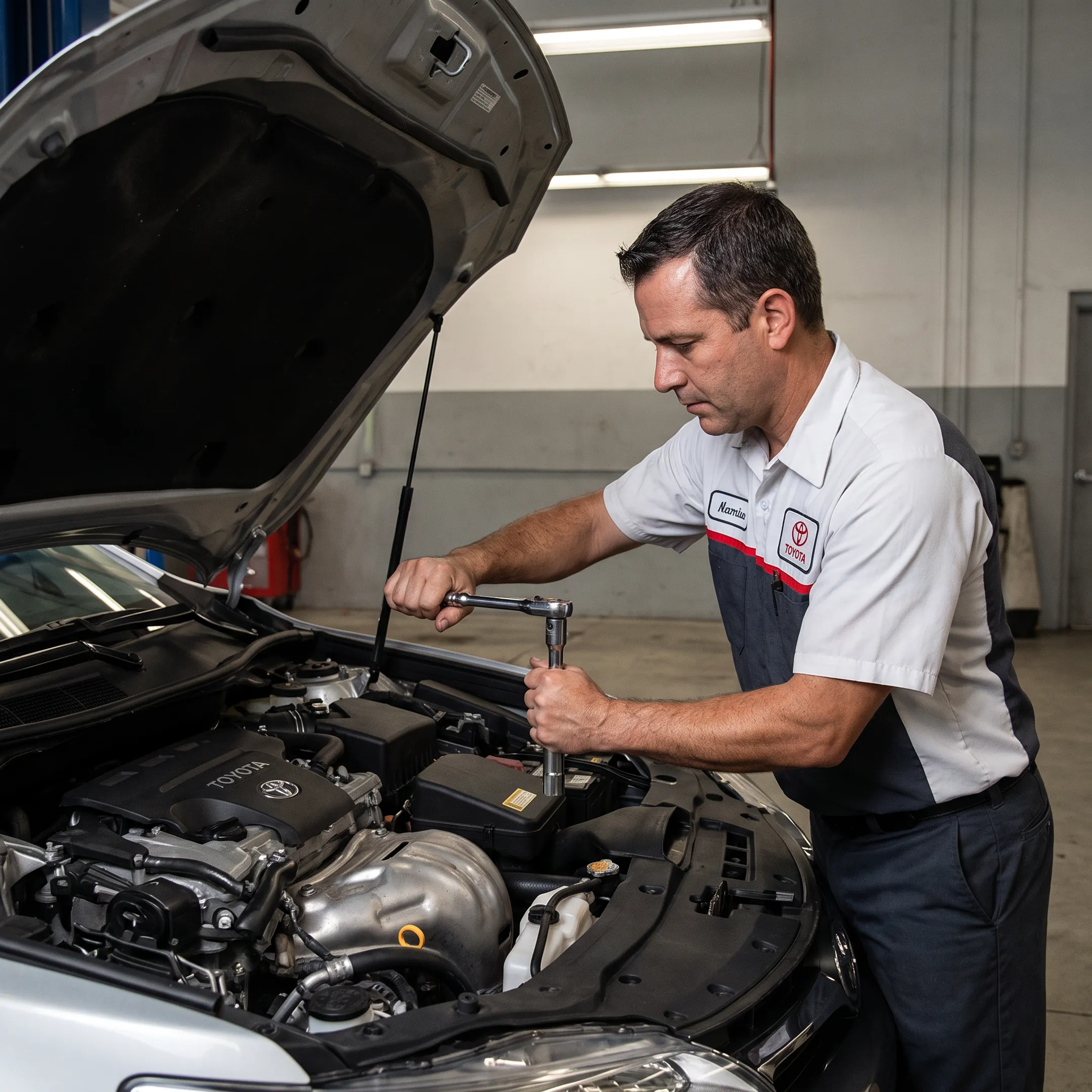 Technician replacing spark plugs in a Toyota engine