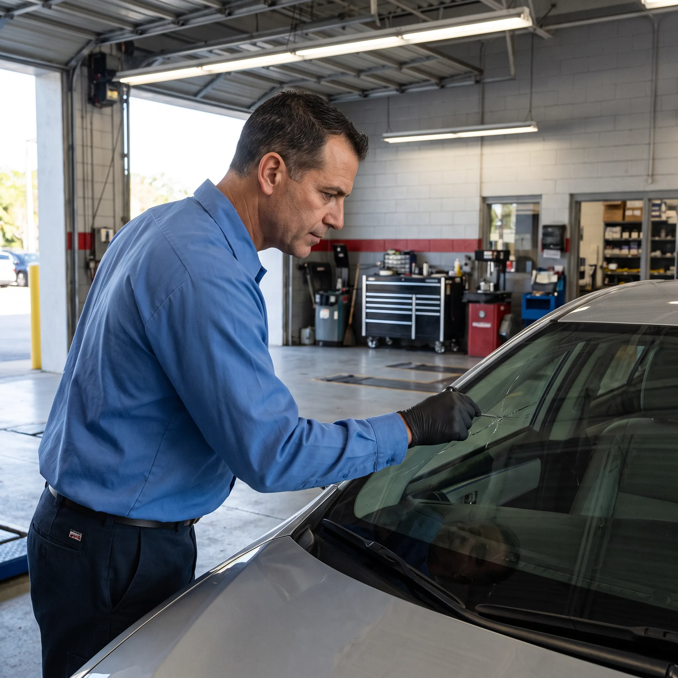 Auto glass technician examining a damaged windshield