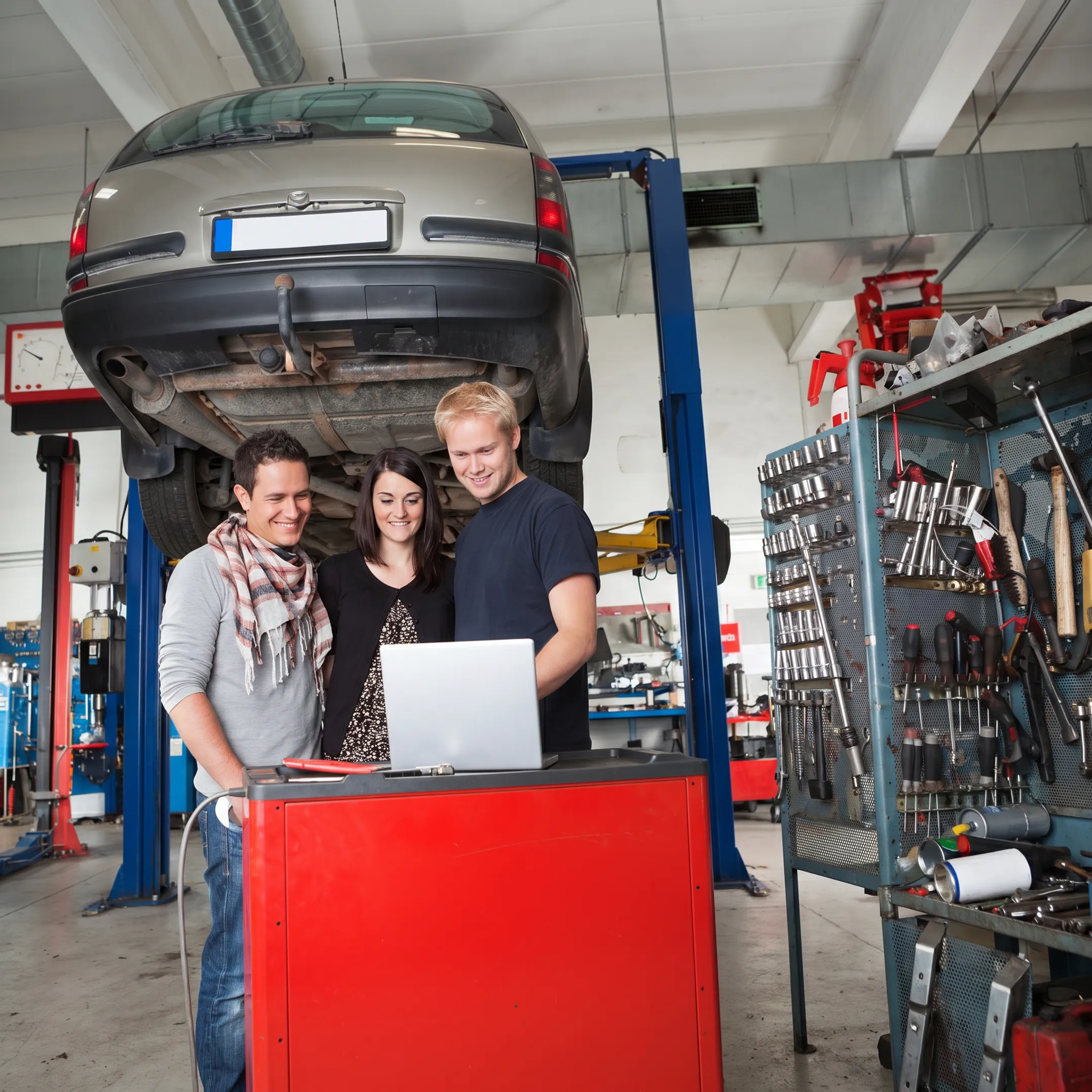 Automotive technician inspecting a vehicle transmission
