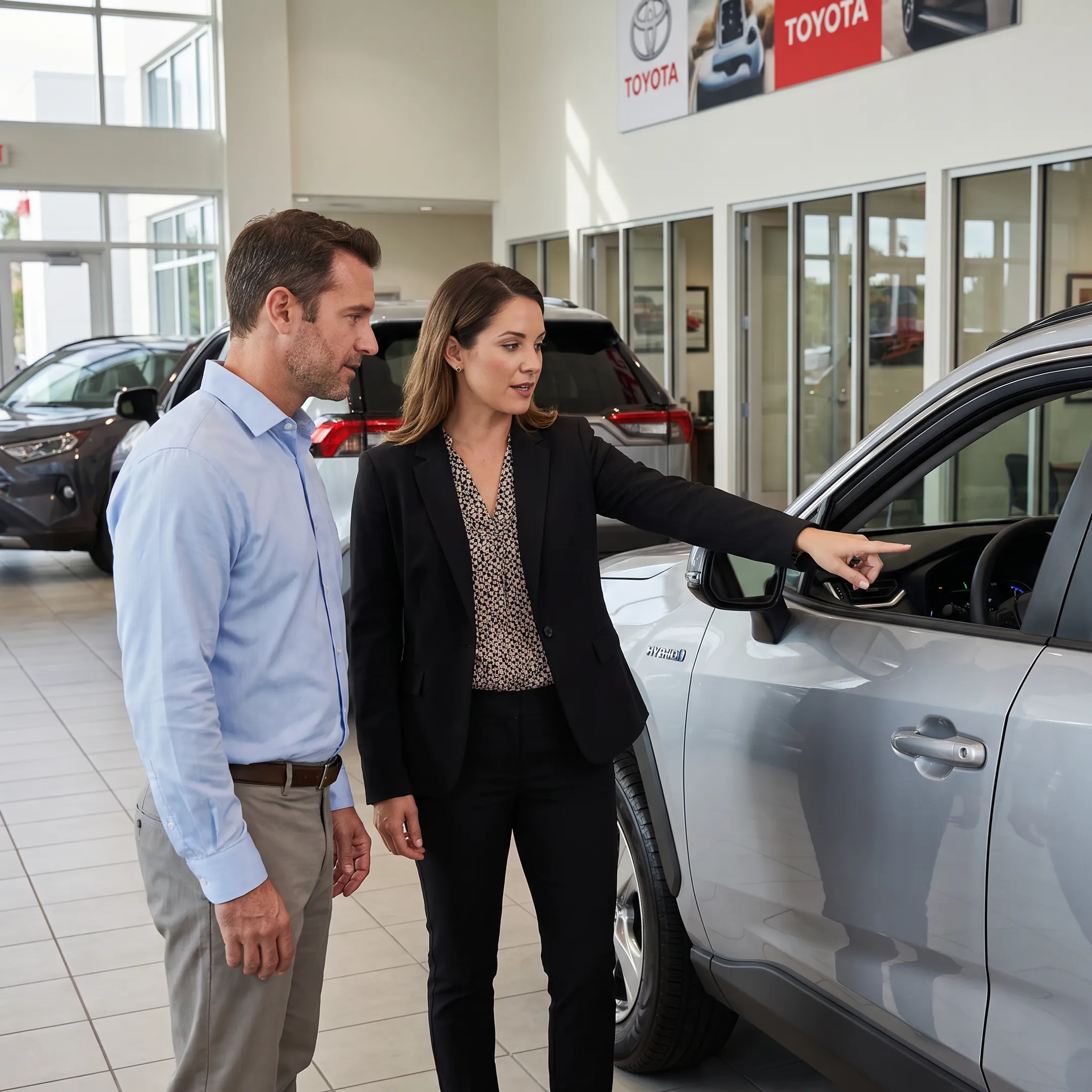 Customer reviewing a new Toyota with dealership specialist