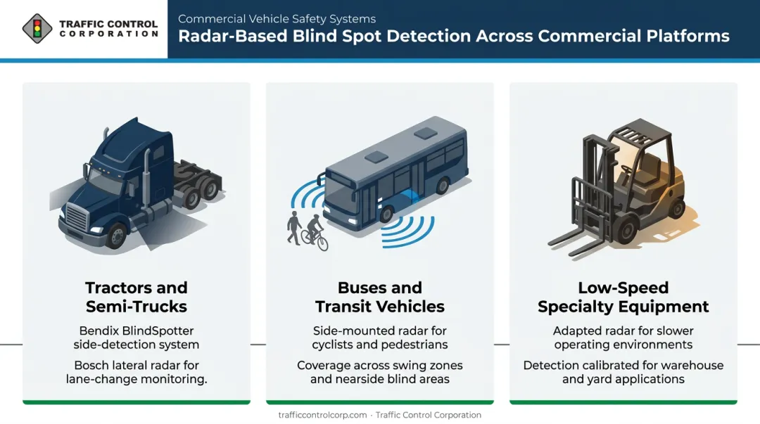 Commercial vehicle blind spot detection platforms across three vehicle categories infographic