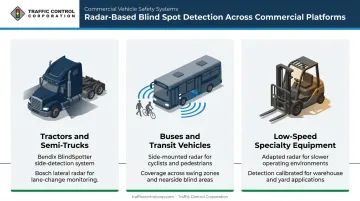 Commercial vehicle blind spot detection platforms across three vehicle categories infographic