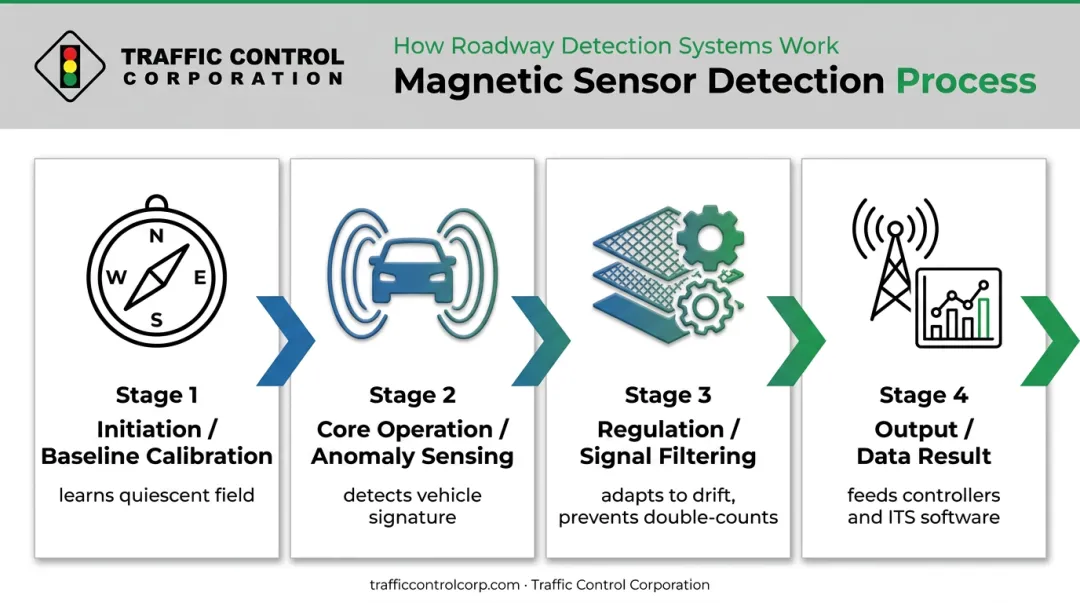 4-stage magnetic vehicle detection process from calibration to data output