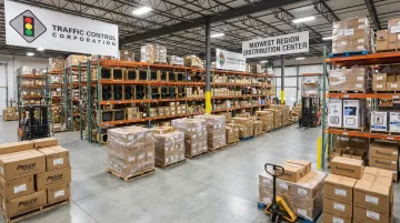 TCC traffic signal equipment warehouse showing pedestrian signal distribution inventory