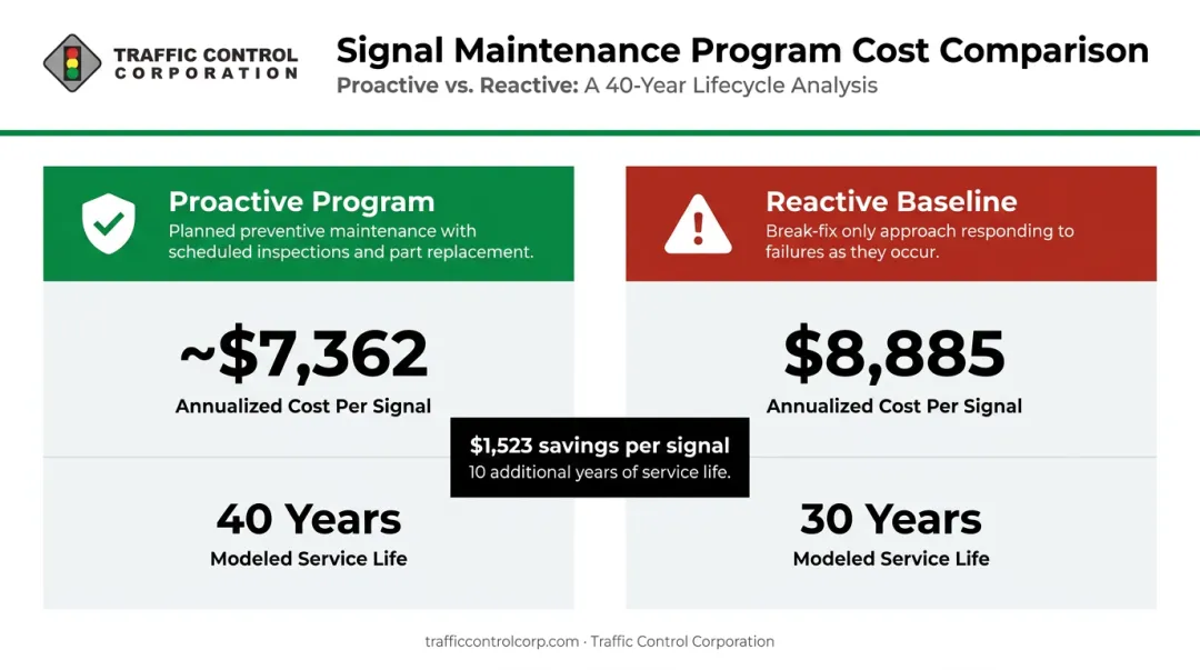 Proactive versus reactive traffic signal maintenance cost and service life comparison chart