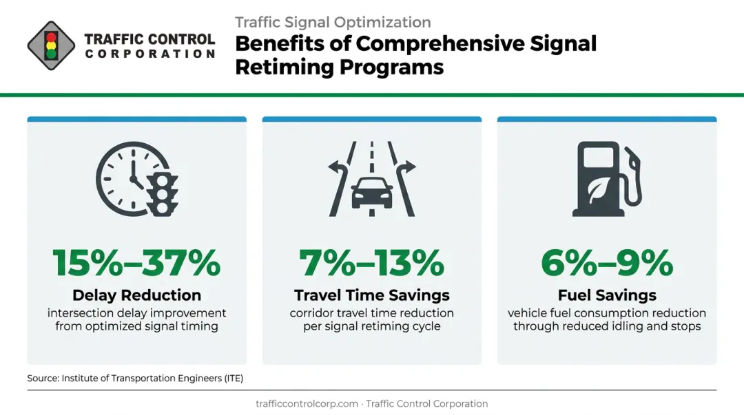 Traffic signal retiming program benefits showing delay travel time and fuel savings percentages