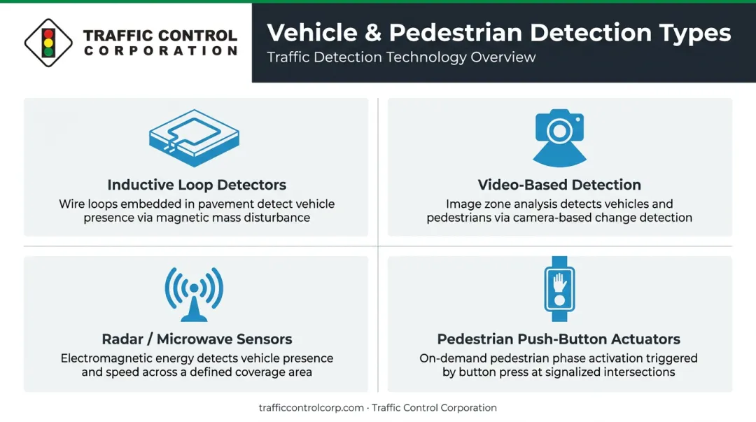 Four traffic signal vehicle and pedestrian detection system types comparison infographic