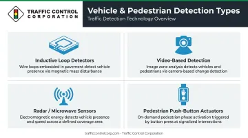 Four traffic signal vehicle and pedestrian detection system types comparison infographic