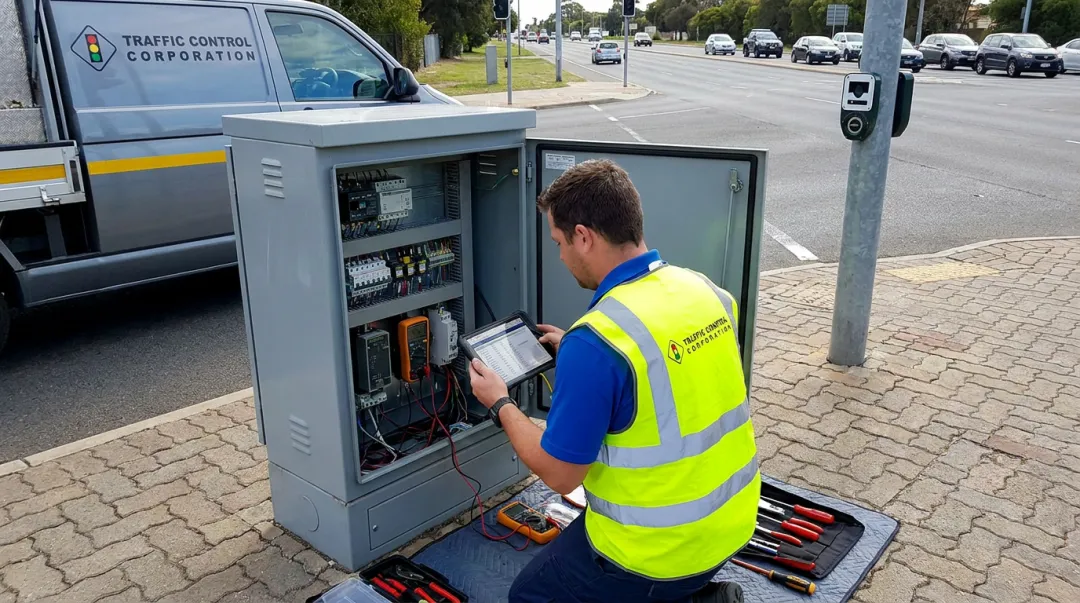 TCC factory-trained technician calibrating wireless vehicle detection sensor equipment