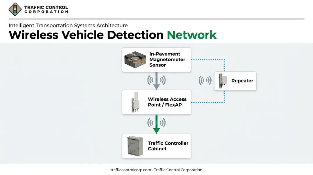 Wireless vehicle detection system architecture showing sensor access point and repeater