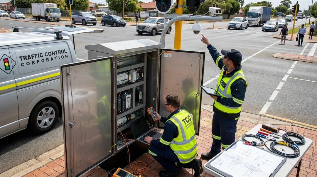 TCC field technician commissioning traffic signal detection system at intersection cabinet