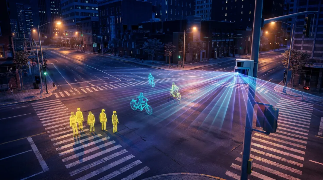 Roadside LiDAR sensor mounted at urban intersection detecting pedestrians and cyclists