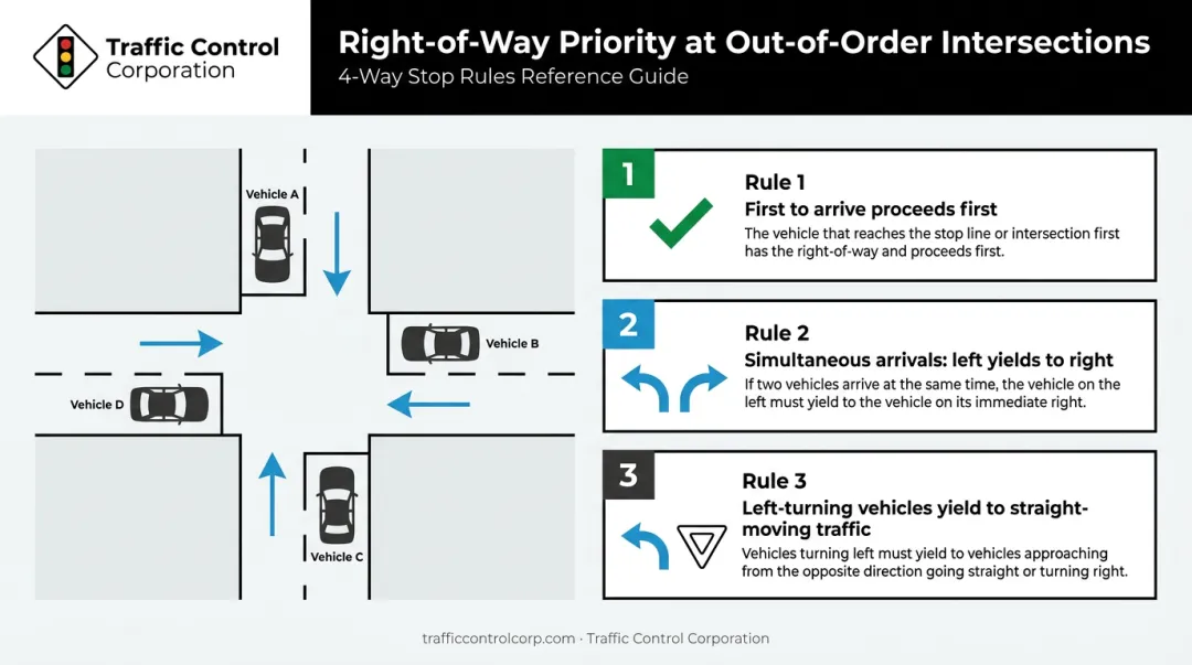 Four-way stop right-of-way rules sequence at out-of-order traffic signal intersection