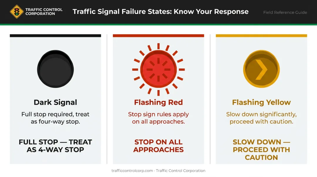 Three traffic signal failure states comparison chart dark flashing red flashing yellow