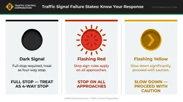 Three traffic signal failure states comparison chart dark flashing red flashing yellow