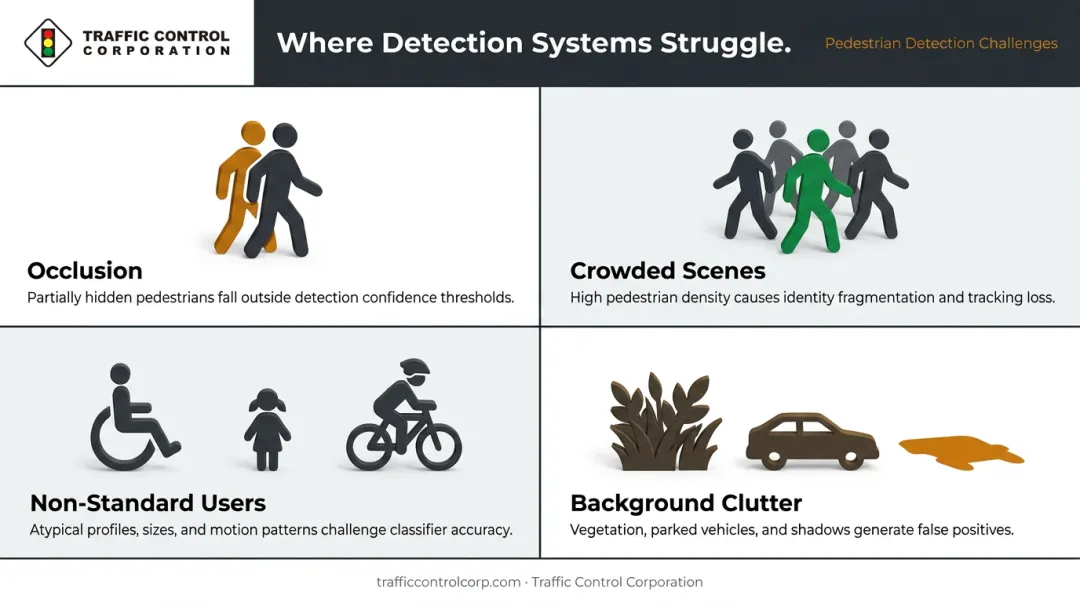 Four key pedestrian detection challenges including occlusion weather and scene complexity illustrated