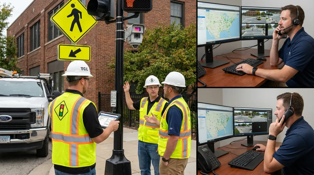 TCC traffic signal technical staff supporting pedestrian detection system deployment at intersection