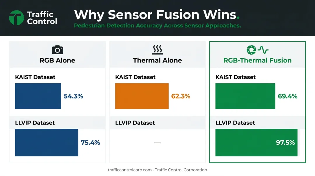 RGB versus thermal versus sensor fusion pedestrian detection accuracy comparison infographic