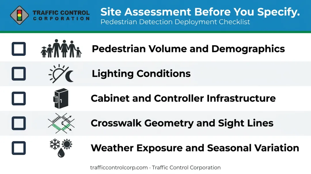 Five-factor site assessment checklist for pedestrian detection system deployment planning