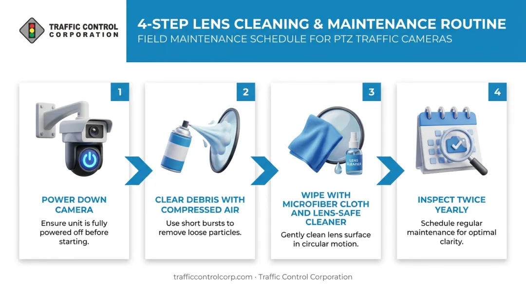 Four-step CCTV lens cleaning and inspection maintenance process infographic