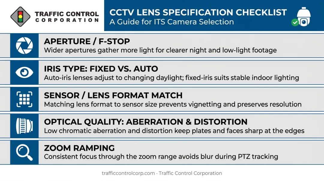 Five key CCTV lens specification factors infographic for buyers