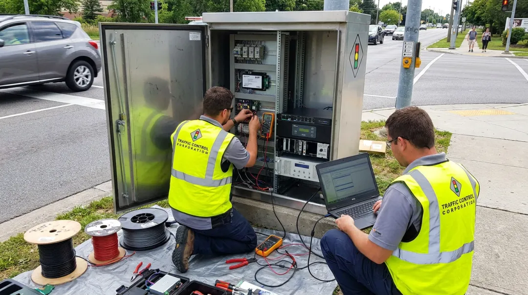 TCC field technician installing emergency vehicle preemption module at signal cabinet