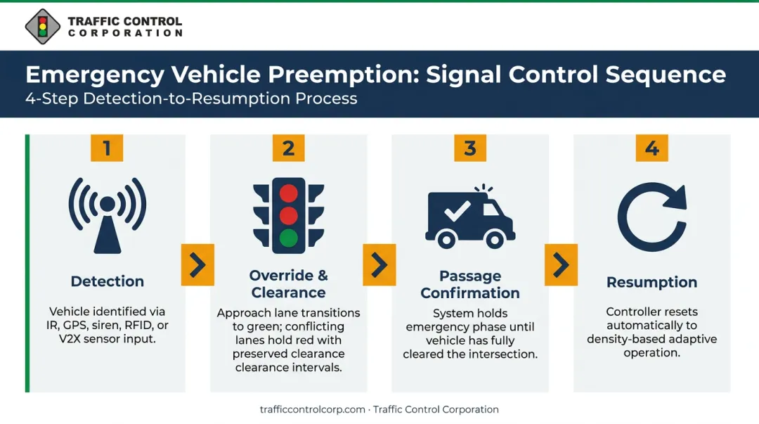 4-step emergency vehicle preemption detection to intersection clearance sequence flow