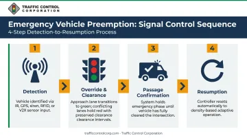 4-step emergency vehicle preemption detection to intersection clearance sequence flow