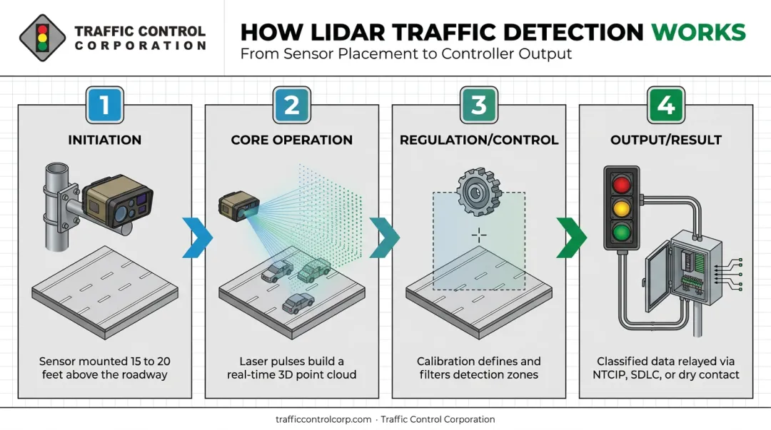 Four-stage LiDAR traffic detection process from initiation to controller output