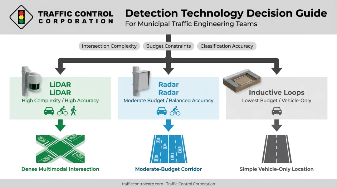 Decision framework comparing LiDAR radar and inductive loop detection technology scenarios