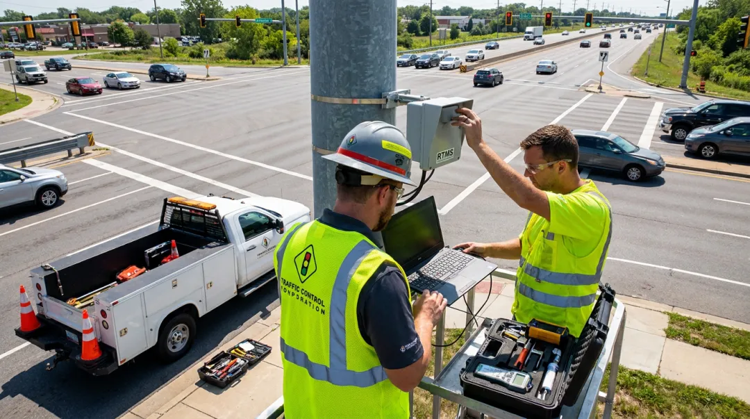 Traffic Control Corporation technician performing onsite RTMS sensor calibration