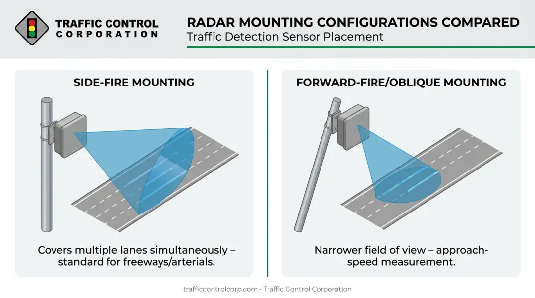 Side-fire versus forward-fire RTMS radar mounting configuration comparison diagram