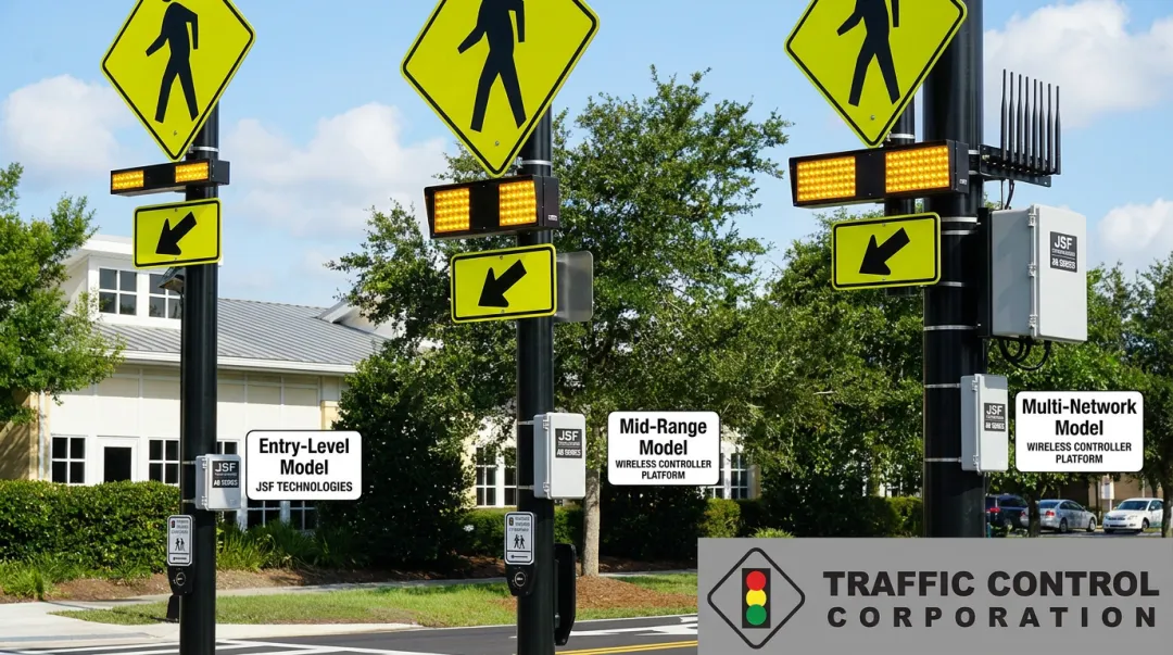 JSF Technologies AB Series RRFB beacon models displayed at crosswalk installation