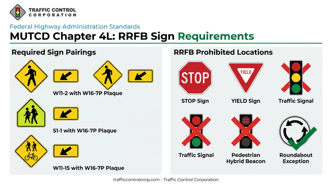 MUTCD required RRFB sign pairings and prohibited crossing locations diagram