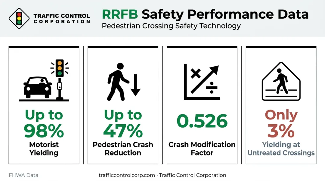RRFB pedestrian safety statistics showing yielding rates and crash reduction data