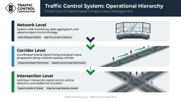 Three-tier traffic control system hierarchy from intersection to network level