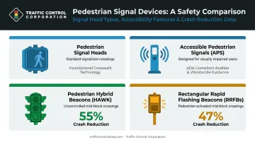 Four pedestrian signal device types with crash reduction safety statistics comparison