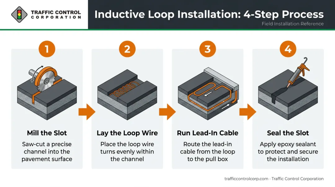 Four-step inductive loop sensor pavement installation process from saw-cut to sealing