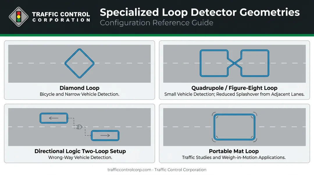 Four specialized inductive loop geometry configurations and their traffic detection use cases