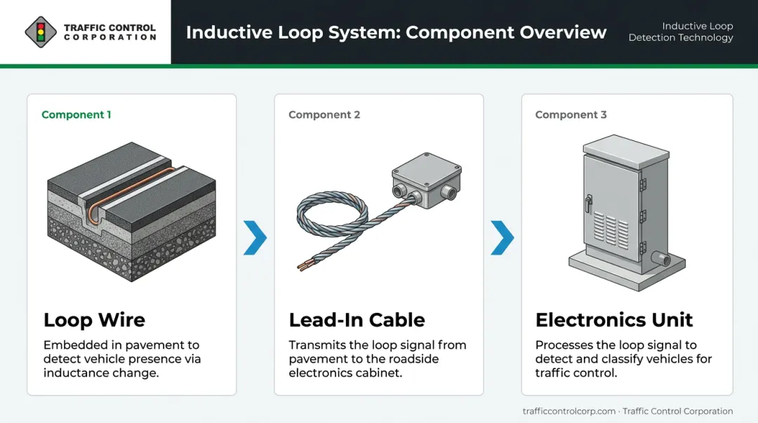 Three-component inductive loop sensor system diagram with wire loop lead-in and electronics unit