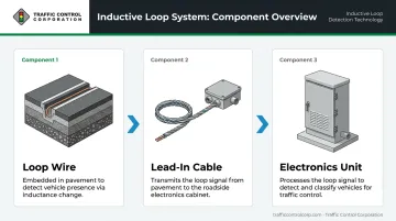 Three-component inductive loop sensor system diagram with wire loop lead-in and electronics unit